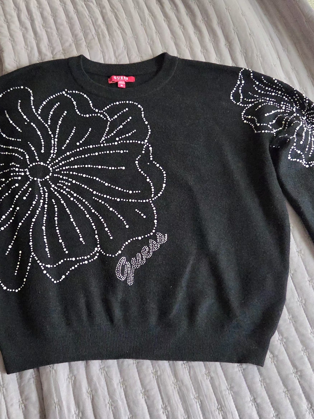 Guess Black Crewneck Sweater with Crystal Floral Design